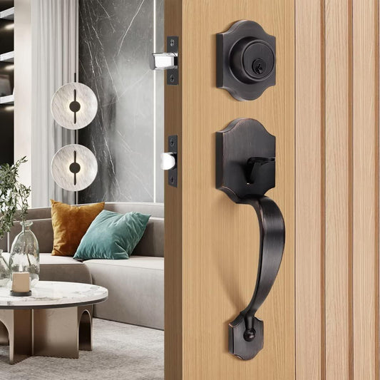 Tinewa Handleset with Lever,Single Cylinder Front Door with Deadbolt,Exterior Door Handle with Reversible Handle Lever,Oil Rubbed Bronze