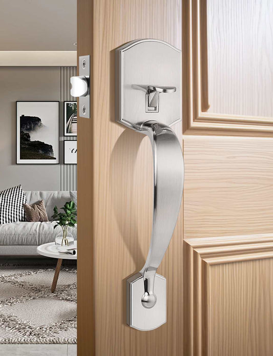 Tinewa Camelot Trim Lower Half Handleset, Satin Nickel Finish, Upgated Entry Door Handle with Accent Wave Door Lever for Electronic Keypad with Drop Interior Left Handed Lever - Tinewa