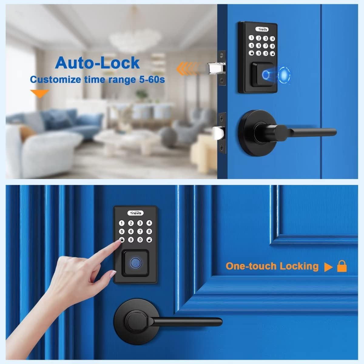 Tinewa Black Smart Door Lock for Airbnb Apartments, Fingerprint Keyles