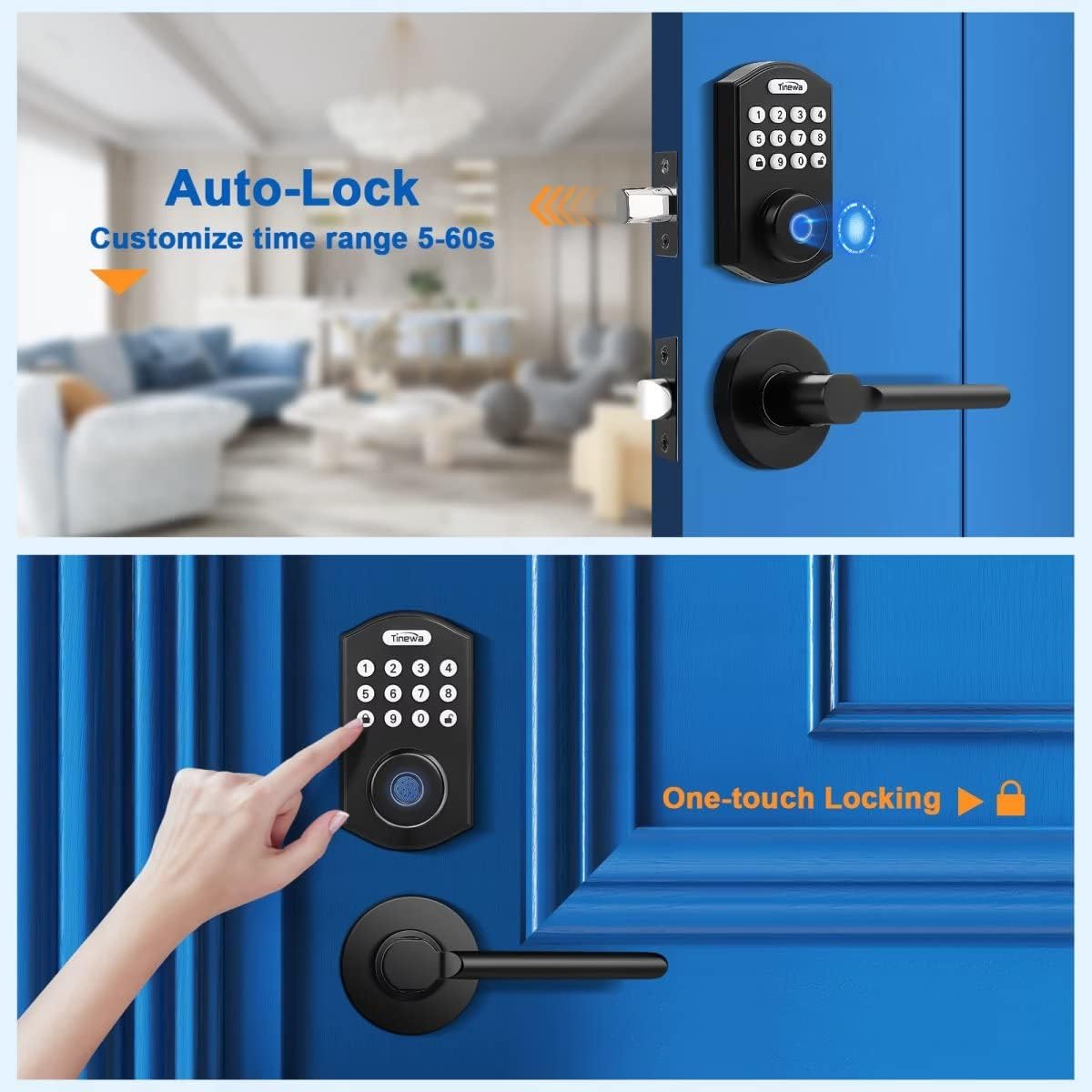 Tinewa Smart Front Keyless Entry Door Lock with Handle, Bluetooth Digital Door Lock with APP Control, Keyless Entry, Electronic Smart Deadbolt, Front Door Handle Sets for Airbnb Apartments