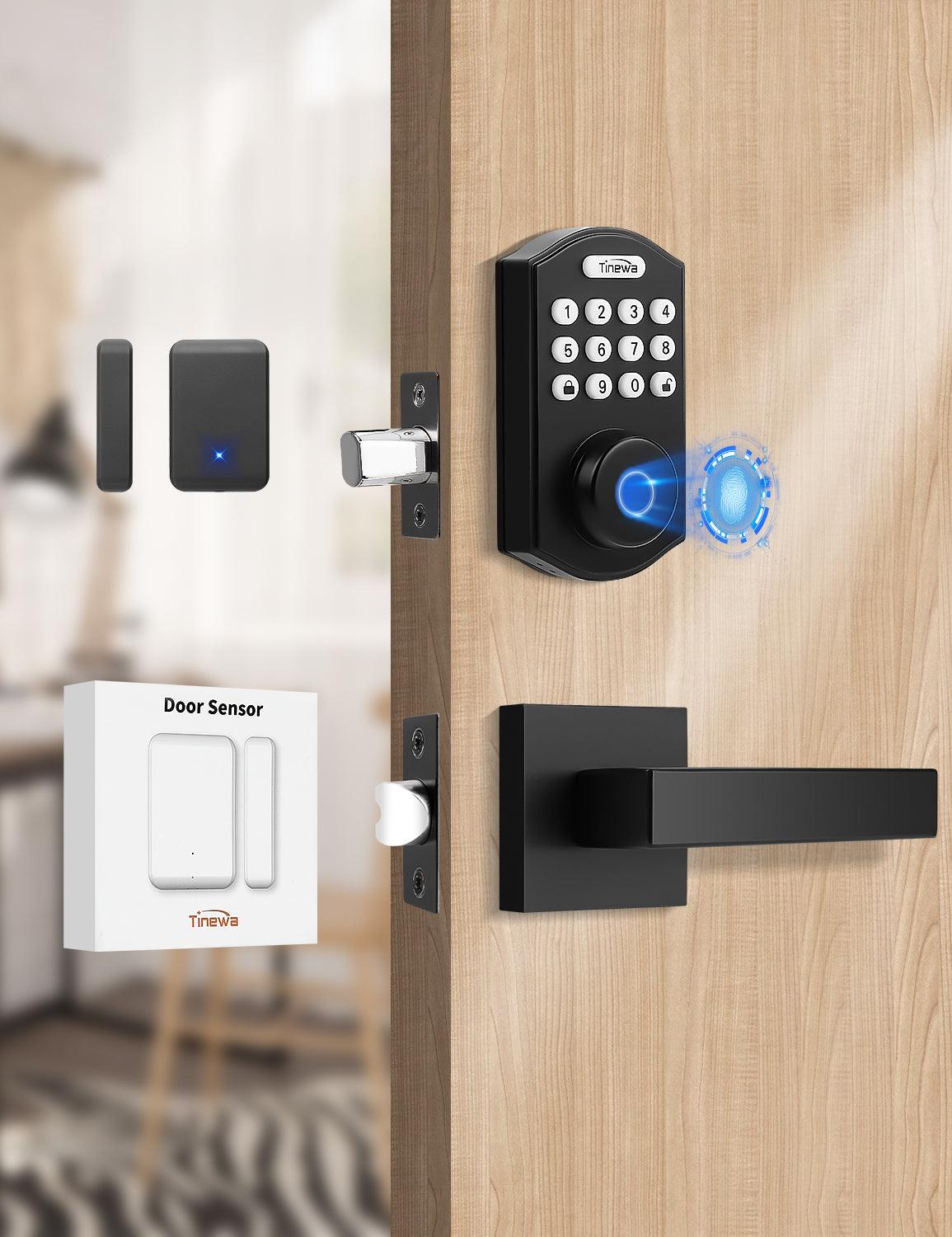 Tinewa Fingerprint Door Lock Set with Door Sensor, Keyless Entry Electronic Keypad Deadbolt, Front Door Handleset for Homes, Apartments, Easy to Install, Auto Lock-Home Security Contact Sensor