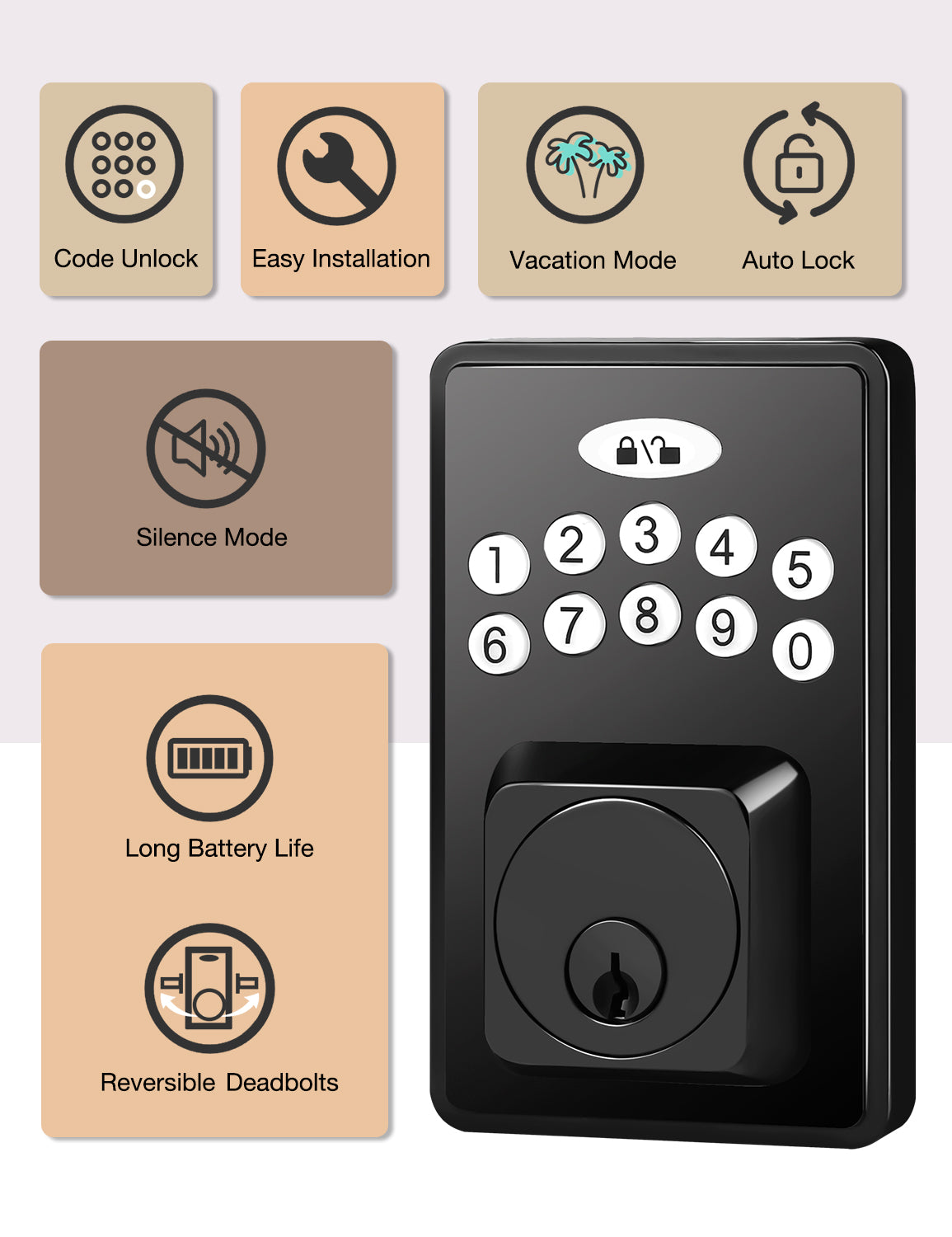 Tinewa Electronic Keypad Door Lock with Wave Handle, Front Door Handle Sets, Keyless Entry Door Deadbolt, Modern Square Digital Keypad Deadbolt, Code Door Lock, Mattle Black
