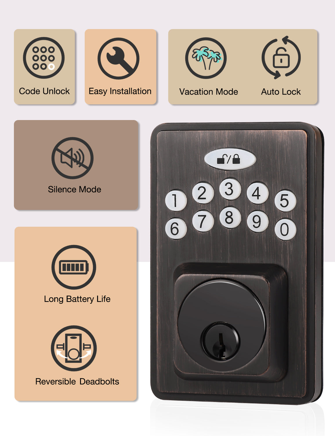 Tinewa Smart Keypad Door Deadbolt, Front Door Handle Sets, Keyless Entry Door Deadbolt WITT Handle, Digital Keypad Deadbolt, Code Door Lock, Easy Installation, Oil Rubbed Bronze
