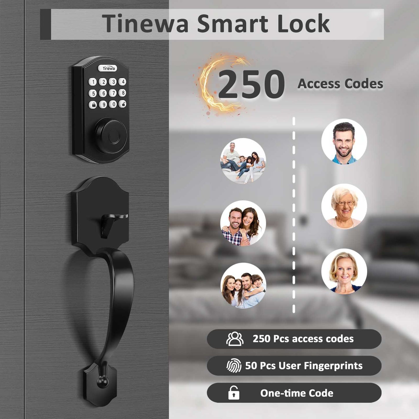 Tinewa Electronic Digital Keypad Deadbolt with Passage Lever, Round Smart Door Lock, Fingerprint Entry Lock, Biometric Front Door Handle Sets for Home & Apartment, Auto Lock, App Control
