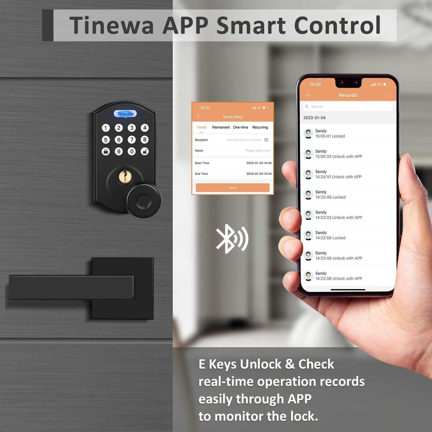 Tinewa Fingerprint Door Lock, Round Keypad Door Lock with 2 Handles, Electronic Smart Deadbolt, Front Door Handle Sets, APP Control, Keyless Entry, Auto Lock