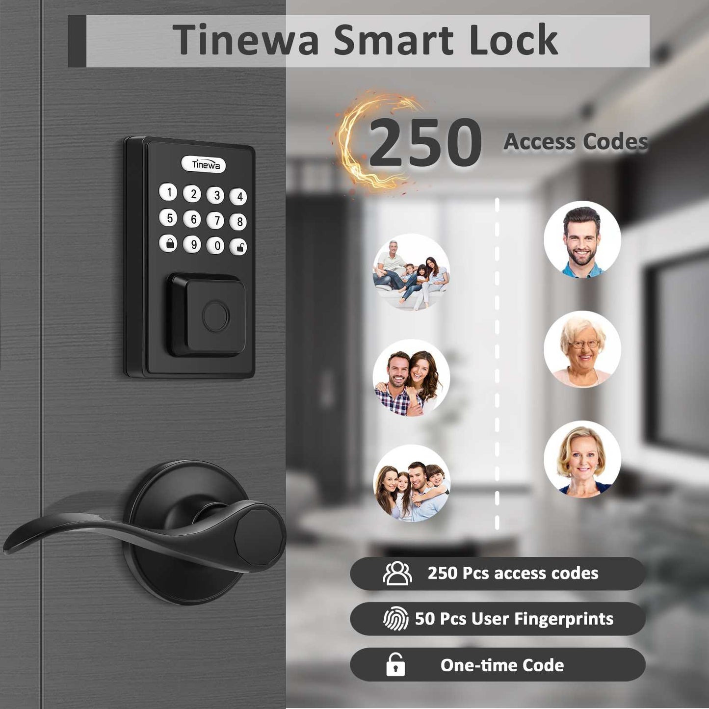 Tinewa Fingerprint Door Lock with Wave Passage Lever, Square Front Entry Door Lock, Biometric Smart Lock Front Door Handle Sets, Electronic Digital Keypad Deadbolt with App Control