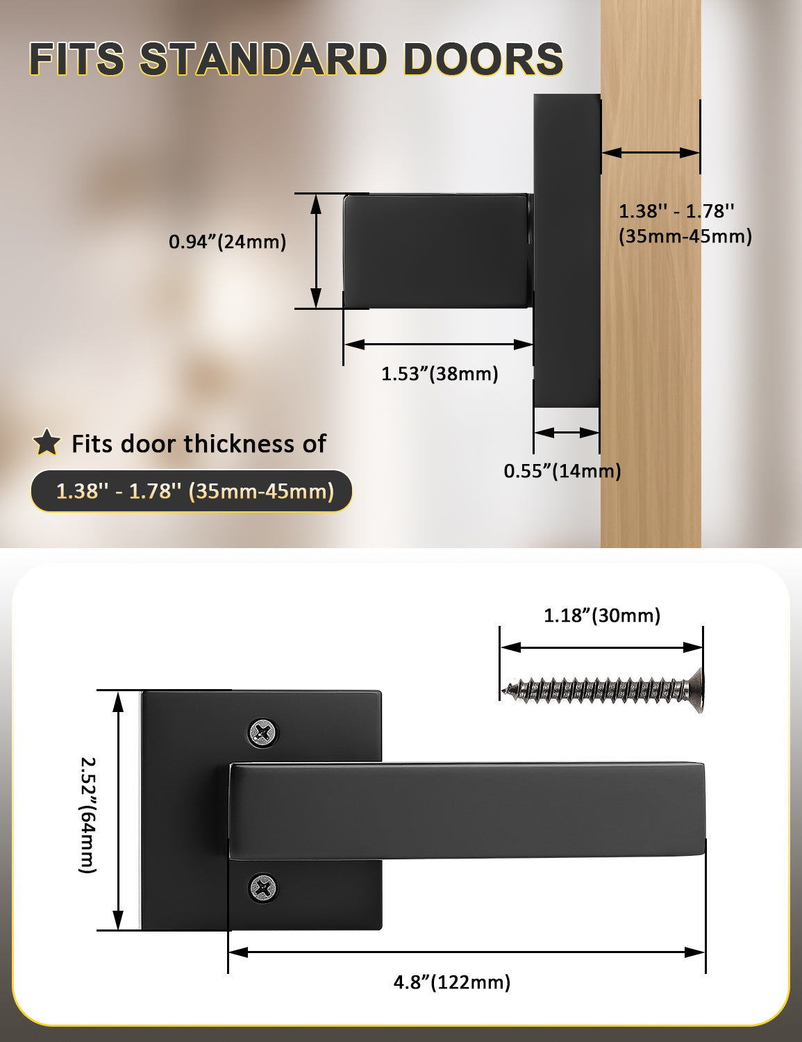 Tinewa 5 Pack Black Keyless Square Levers Handles, Interior Dummy Door Locksets for Hall Closet Door Knobs Lock Reversible Right & Left Handed