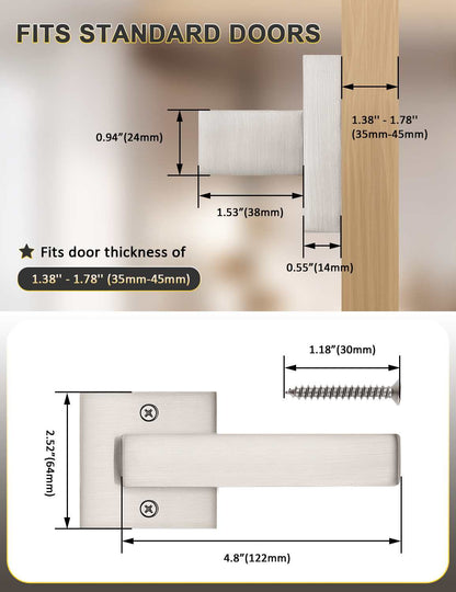 Tinewa Satin Nickel Keyless Square Levers Handles, Interior Dummy Door Locksets for Hall Closet Door Knobs Lock Reversible Right & Left Handed - Tinewa