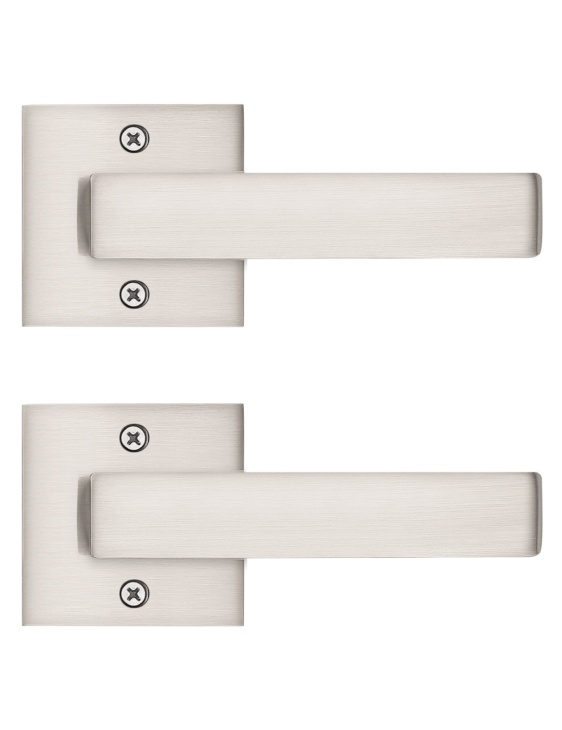 Tinewa 2 Pack Satin Nickel Keyless Square Levers Handles, Interior Dummy Door Locksets for Hall Closet Door Knobs Lock Reversible Right & Left Handed