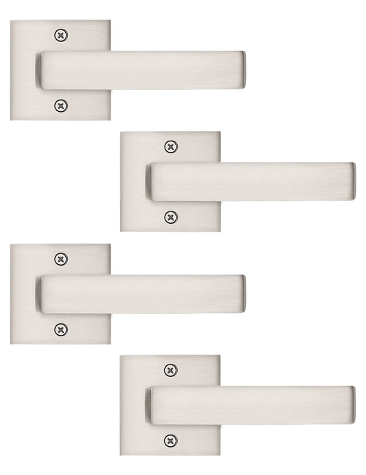 Tinewa 4 Pack Satin Nickel Keyless Square Levers Handles, Interior Dummy Door Locksets for Hall Closet Door Knobs Lock Reversible Right & Left Handed