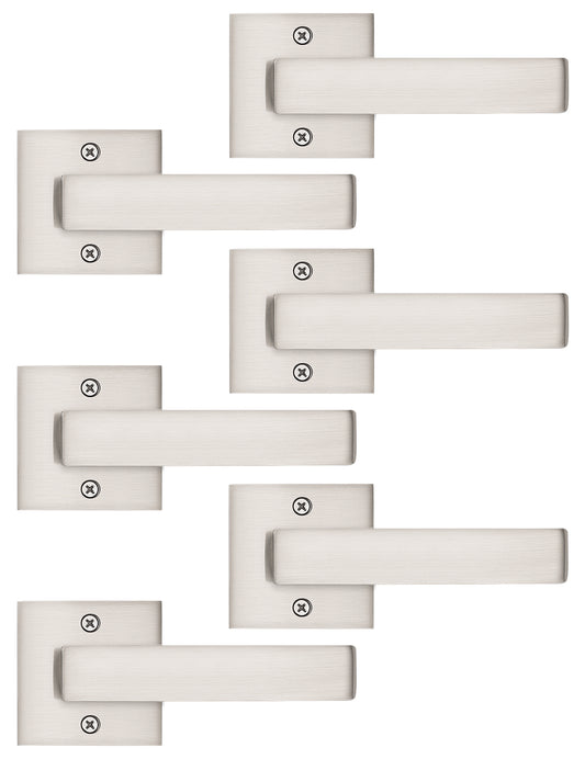 Tinewa 6 Pack Satin Nickel Keyless Square Levers Handles, Interior Dummy Door Locksets for Hall Closet Door Knobs Lock Reversible Right & Left Handed