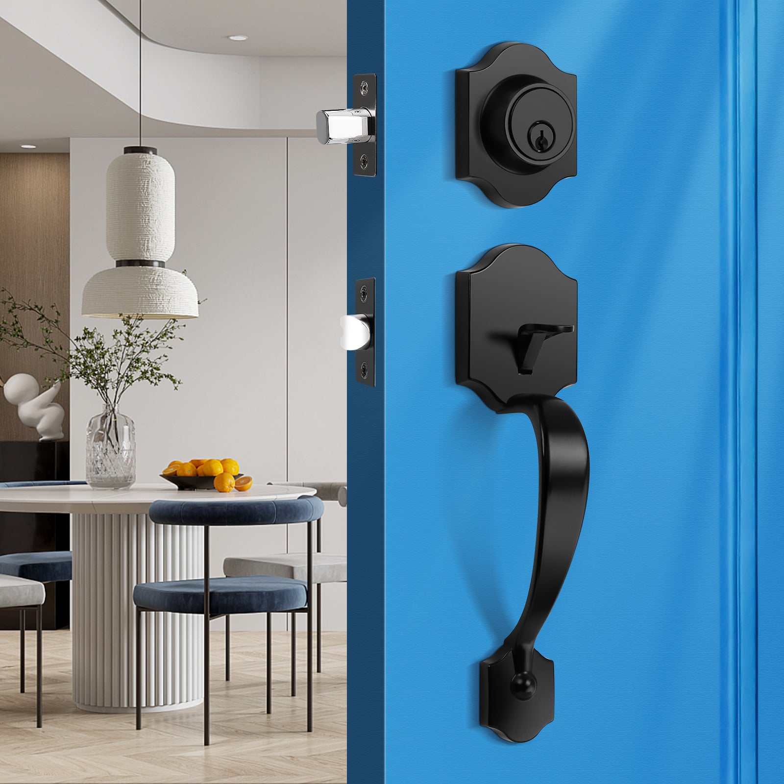 Tinewa Handleset with Lever,Single Cylinder Front Door with Deadbolt,Exterior Door Handle with Reversible Handle Lever, Matte Black - Tinewa