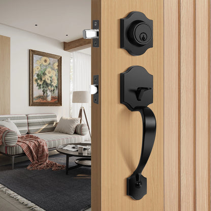 Tinewa Handleset with Lever,Single Cylinder Front Door with Deadbolt,Exterior Door Handle with Reversible Handle Lever, Matte Black - Tinewa