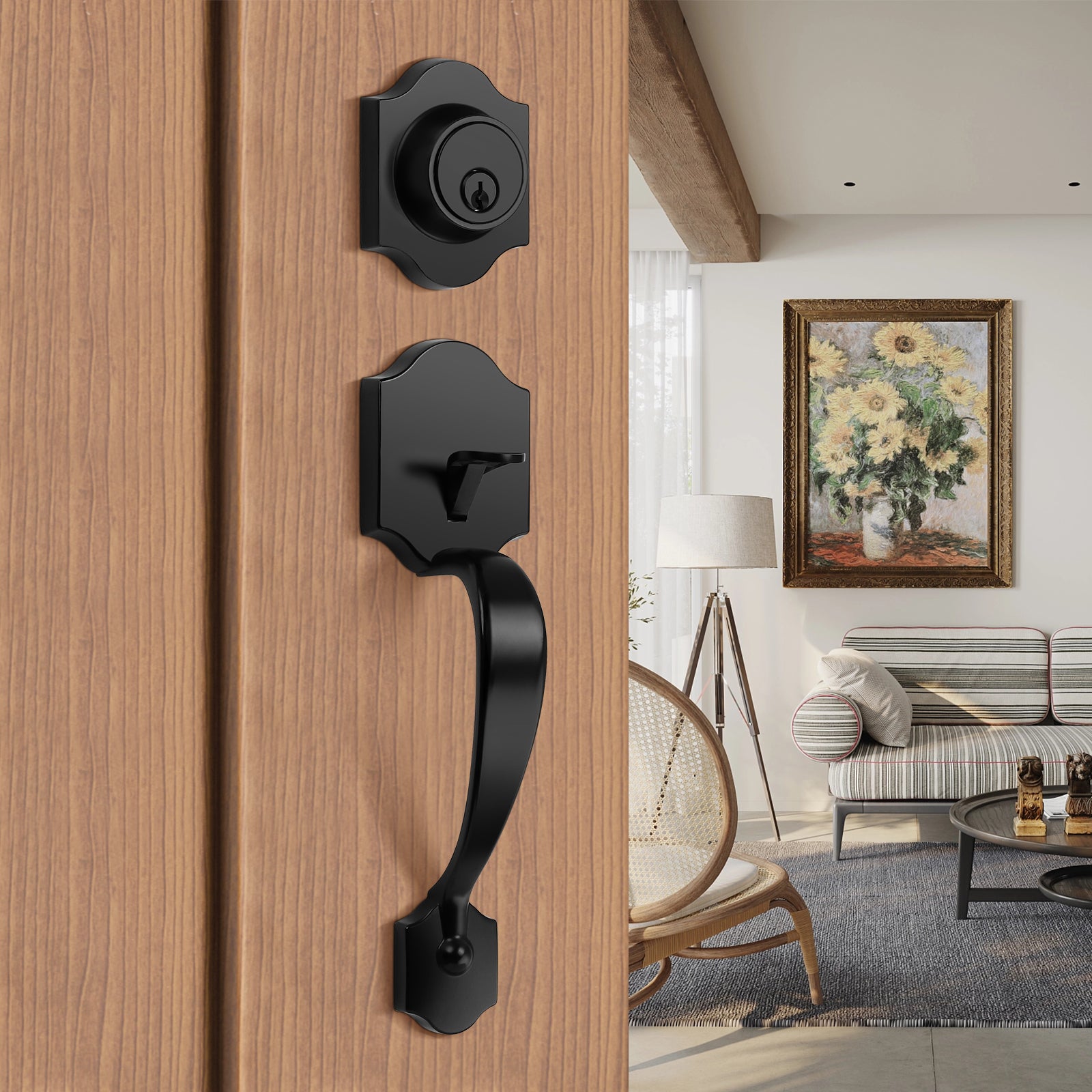 Tinewa Handleset with Lever,Single Cylinder Front Door with Deadbolt,Exterior Door Handle with Reversible Handle Lever, Matte Black - Tinewa