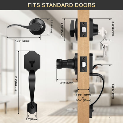 Tinewa Handleset with Lever,Single Cylinder Front Door with Deadbolt,Exterior Door Handle with Reversible Handle Lever, Matte Black - Tinewa