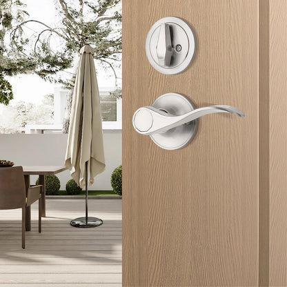 Tinewa 1 Pack Single Cylinder Deadbolt HandleSet with Lever Inside, Front Entrance Door Handle, Reversible Door Handle Set Satin Nickel Finish - Tinewa