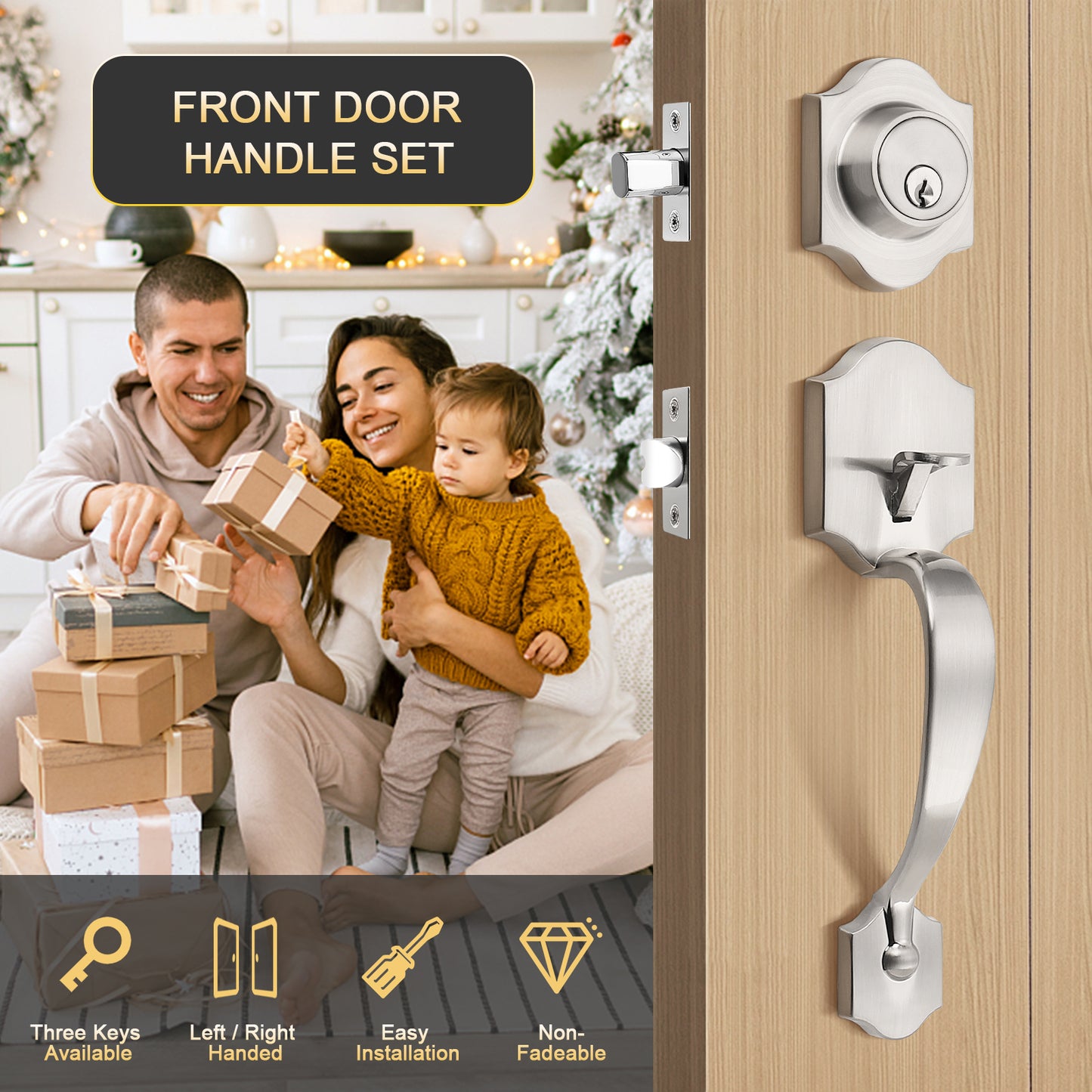 Tinewa 1 Pack Single Cylinder Deadbolt HandleSet with Lever Inside, Front Entrance Door Handle, Reversible Door Handle Set Satin Nickel Finish - Tinewa