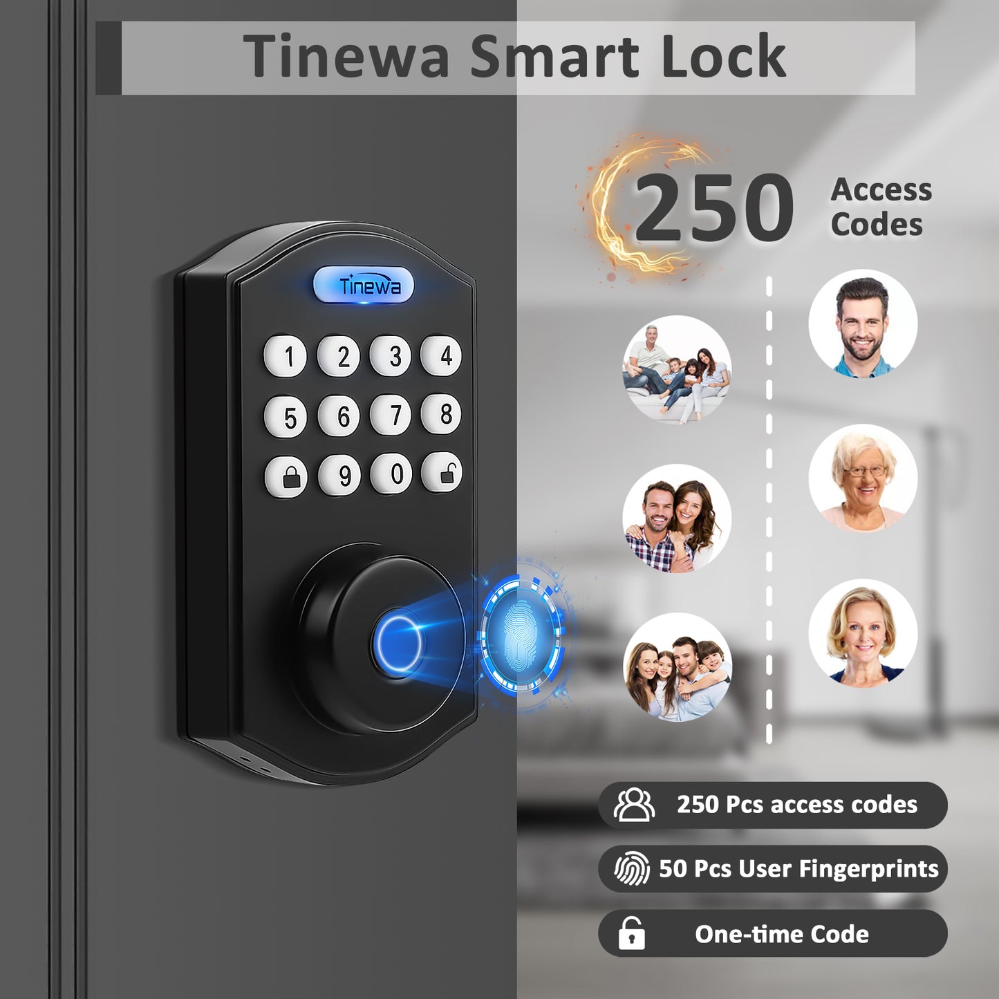 Tinewa Fingerprint Entry Door Lock, Round Smart Lock, Electronic Digital Keypad Deadbolt with Keys, Auto Lock, Anti-Peeping Password, App Control DLE601BK
