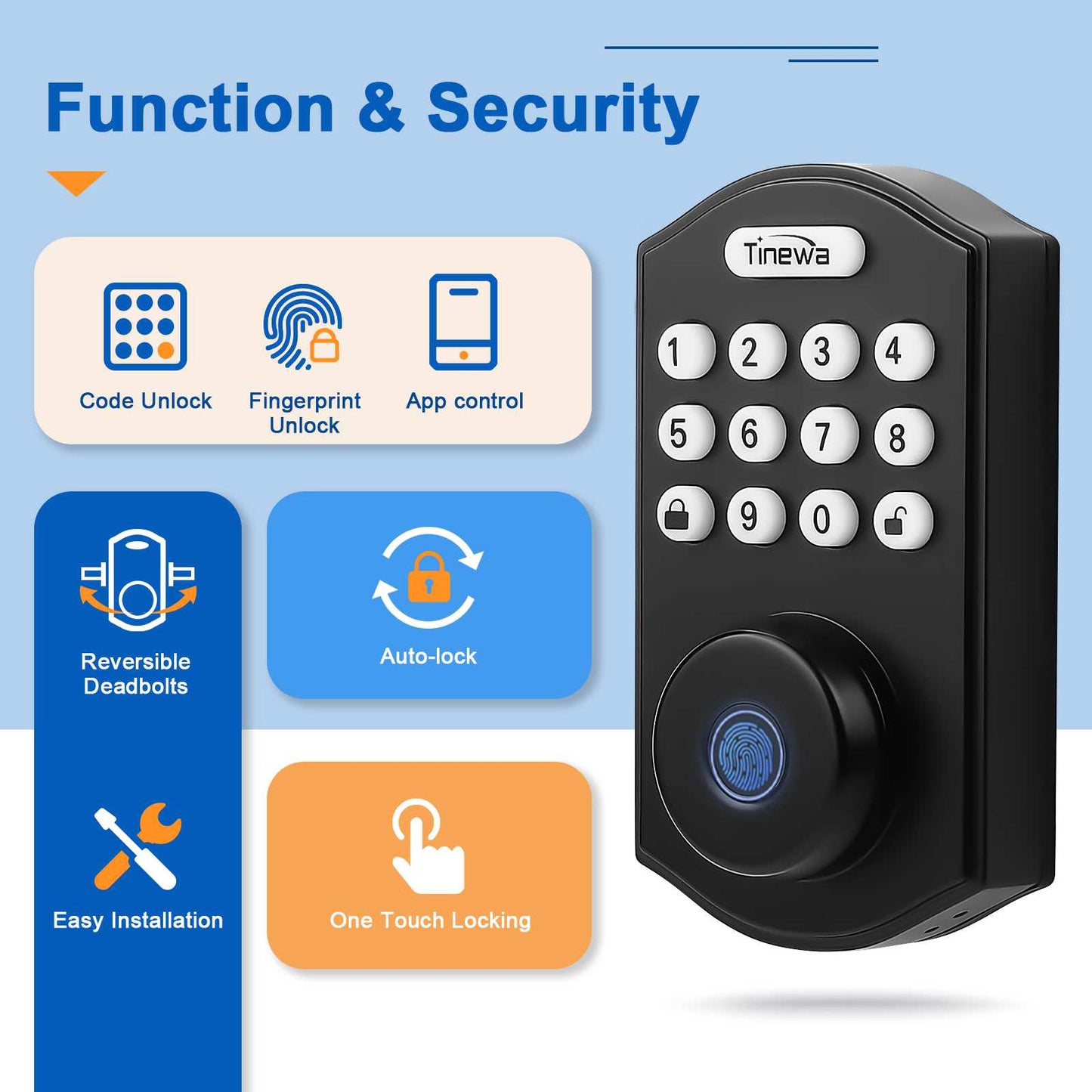 Tinewa Smart Door Lock Set for Front Door, Keyless Fingerprint Entry Door Lock with Handle, Electronic Deadbolt Digital Keypad for Airbnb Apartments, Bluetooth APP Control, Auto Lock, Black