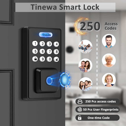 Tinewa Fingerprint Entry Door Lock, Square Smart Lock, Electronic Digital Keypad Deadbolt with Keys, Auto Lock, Anti-Peeping Password, App Control DLE602BK - Tinewa