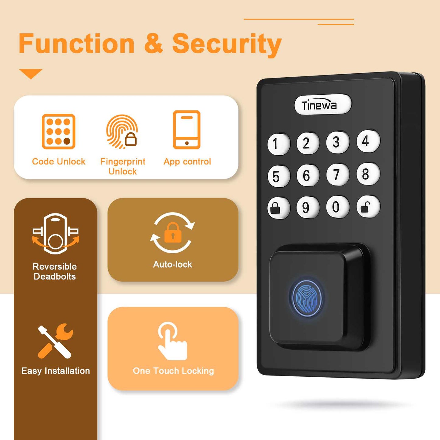 Tinewa Black Keyless Entry Door Lock with 2 Handles, Fingerprint Entry Door Handleset, Electronic Keypad Deadbolt with App, Auto Lock, Front Smart Door Handle Sets, Smart Door Sensor for Home Security
