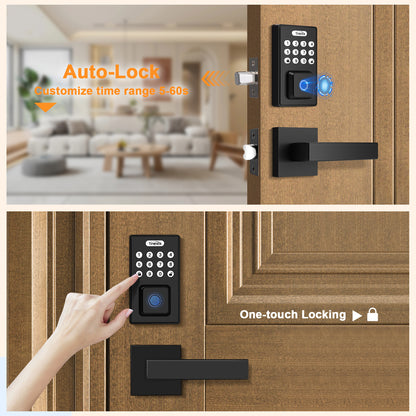 Tinewa Black Keyless Entry Door Lock with 2 Handles, Fingerprint Entry Door Handleset, Electronic Keypad Deadbolt with App, Auto Lock, Front Smart Door Handle Sets, Smart Door Sensor for Home Security - Tinewa