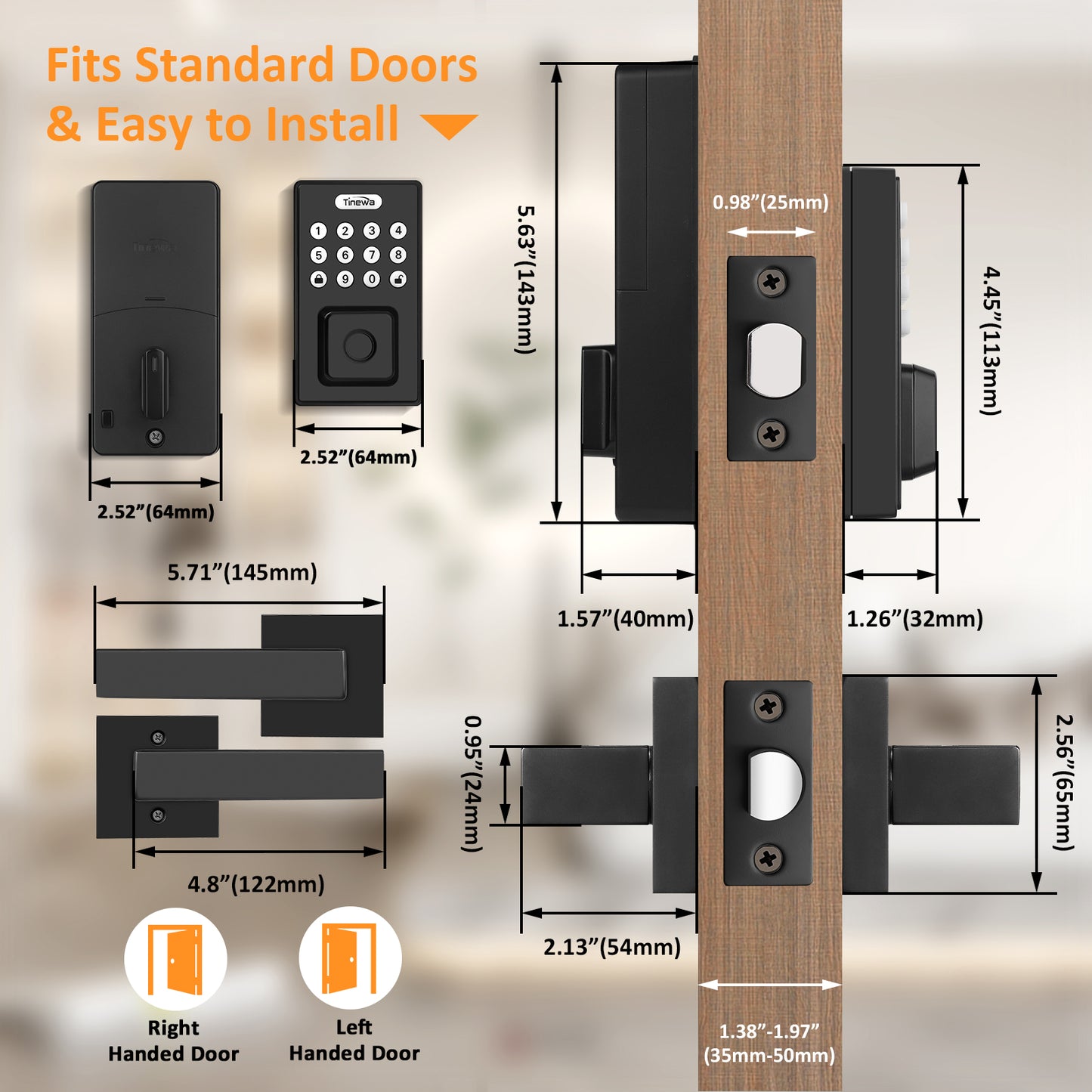 Tinewa Black Keyless Entry Door Lock with 2 Handles, Fingerprint Entry Door Handleset, Electronic Keypad Deadbolt with App, Auto Lock, Front Smart Door Handle Sets, Smart Door Sensor for Home Security - Tinewa