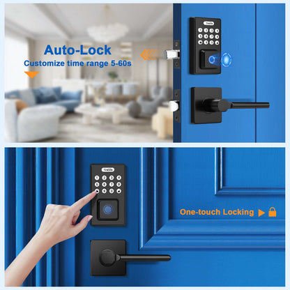 Tinewa Fingerprint Door Lock Set, Keyless Entry Door Lock, Front Door Handle Sets for Home & Apartments, Electronic Keypad Deadbolt with Lever Handle, 2 Keys, Auto Lock, Black - Tinewa