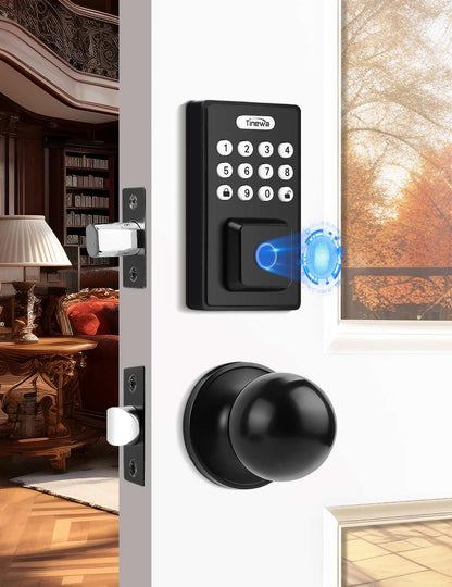 Tinewa Fingerprint Door Lock, Round Keypad Door Lock with Door Knob, Electronic Smart Deadbolt, Front Door Handle Sets, APP Control, Keyless Entry, Auto Lock - Tinewa