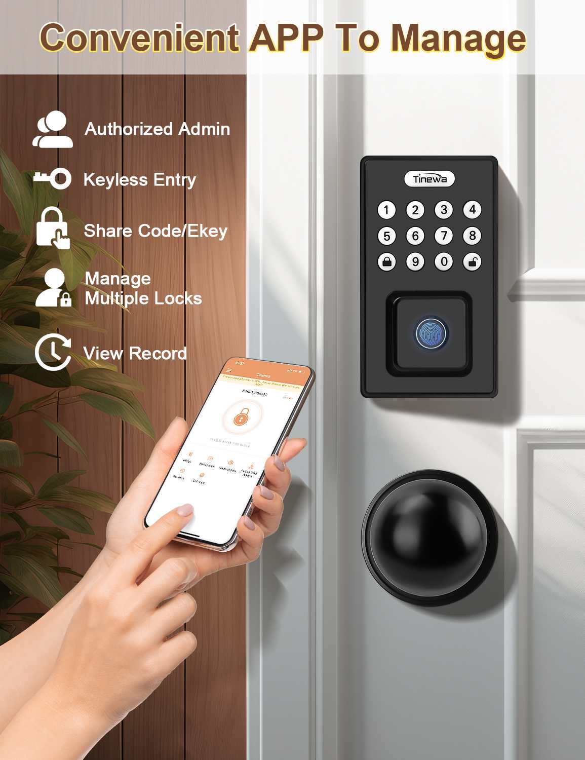 Tinewa Fingerprint Door Lock, Round Keypad Door Lock with Door Knob, Electronic Smart Deadbolt, Front Door Handle Sets, APP Control, Keyless Entry, Auto Lock - Tinewa