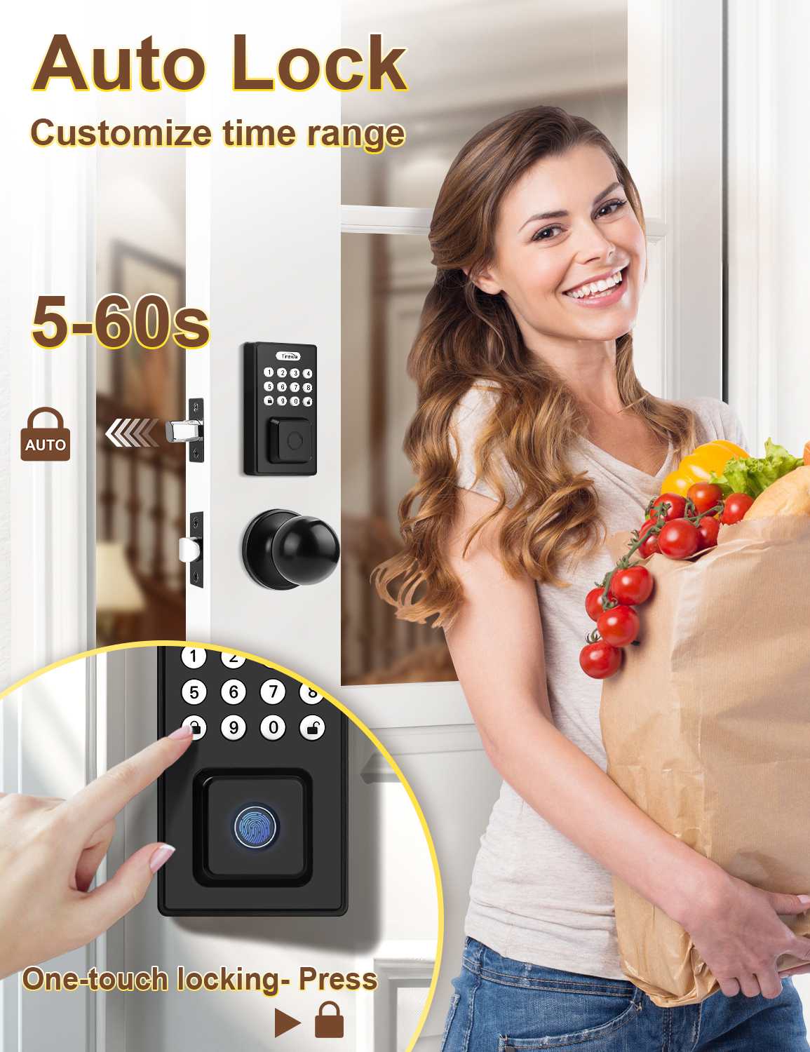 Tinewa Fingerprint Door Lock, Round Keypad Door Lock with Door Knob, Electronic Smart Deadbolt, Front Door Handle Sets, APP Control, Keyless Entry, Auto Lock - Tinewa