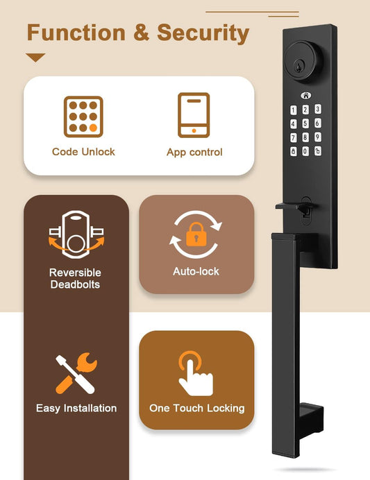 Tinewa Keyless Entry Door Lock with Lever, Full Escutcheon Smart Door Handle, Digital Keypad Deadbolt with App, Front Door Handleset with Single Cylinder Deadbolt and Lever, Auto Locking, Black Finish