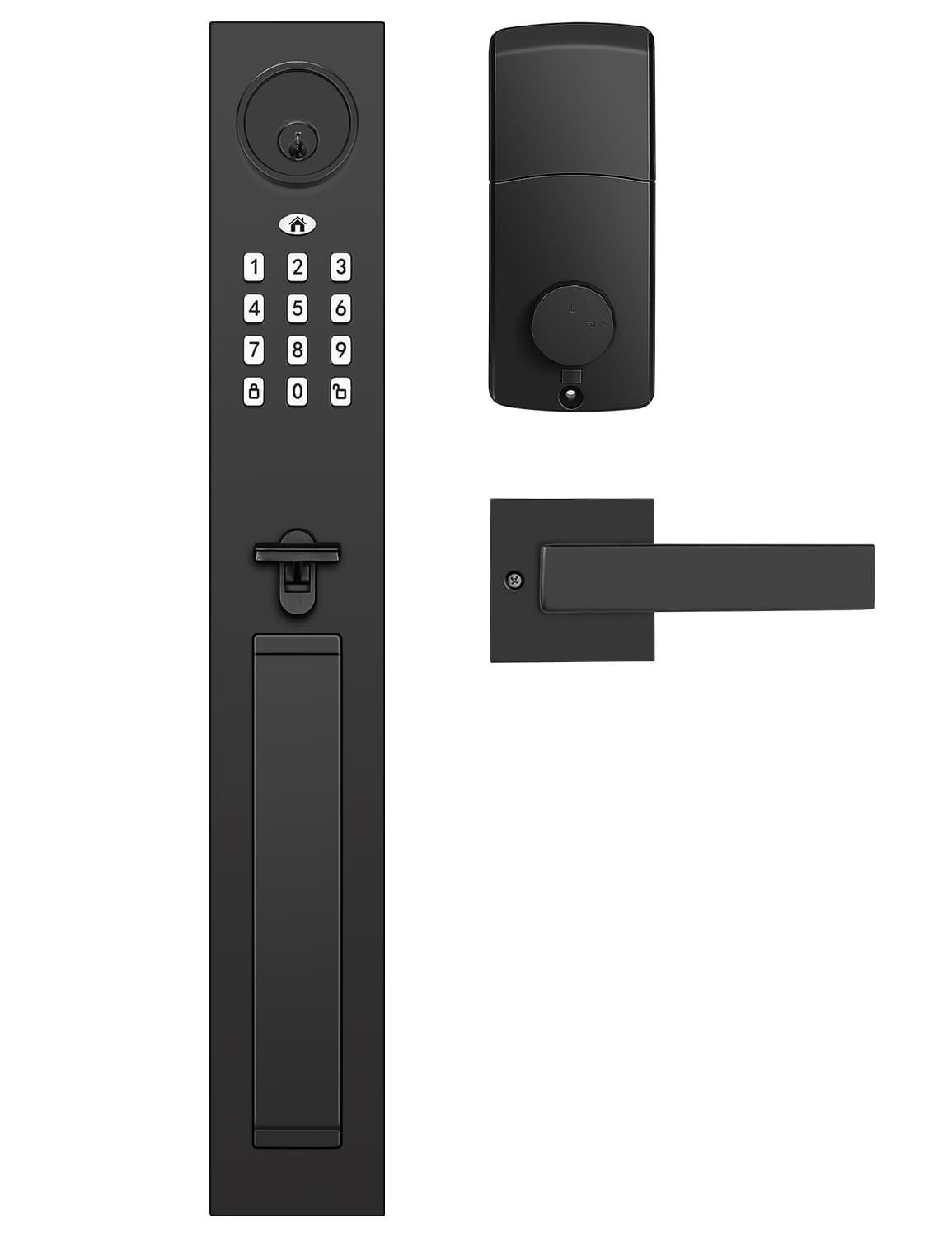 Tinewa Keyless Entry Door Lock with Lever, Full Escutcheon Smart Door Handle, Digital Keypad Deadbolt with App, Front Door Handleset with Single Cylinder Deadbolt and Lever, Auto Locking, Black Finish - Tinewa