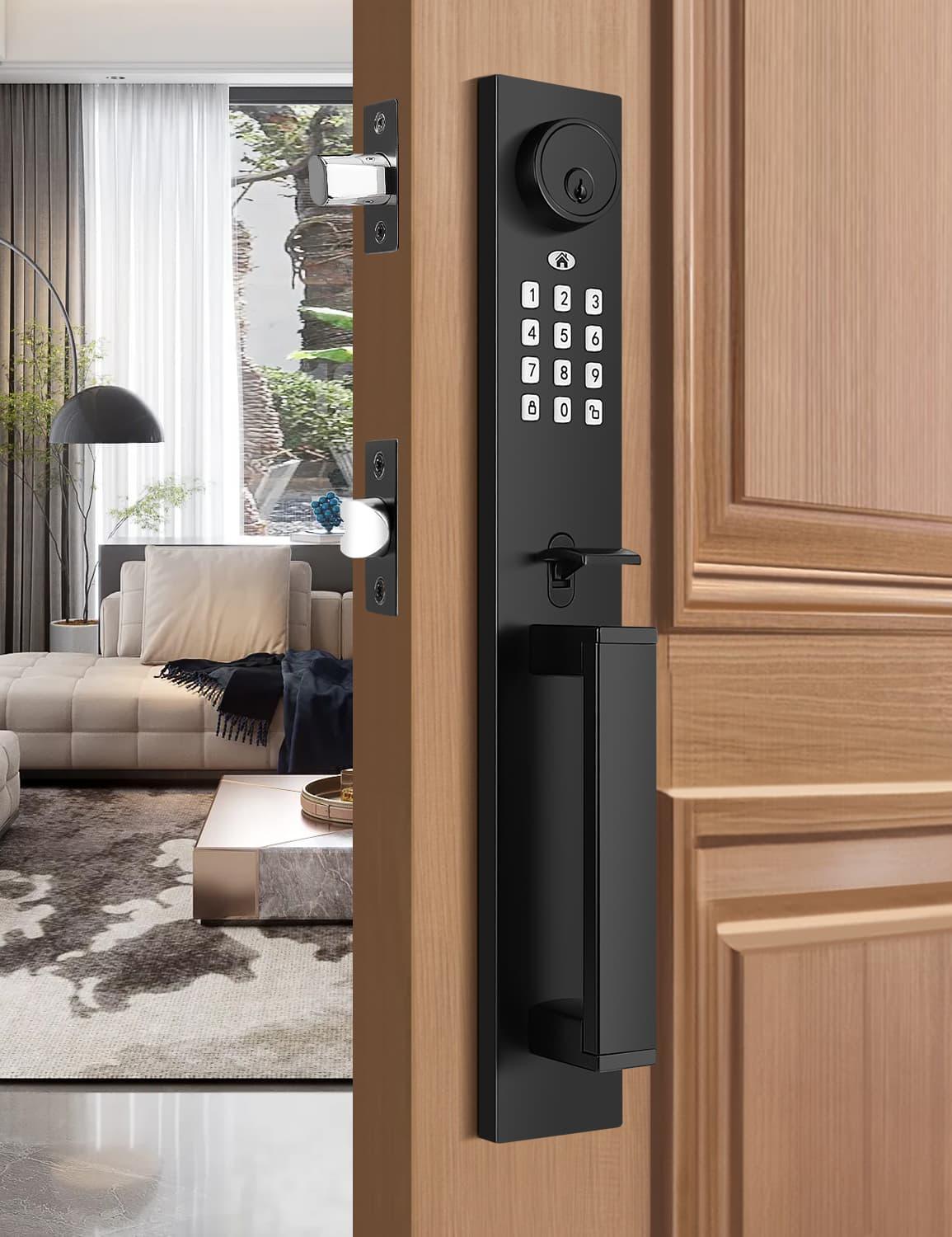 Tinewa Keyless Entry Door Lock with Lever, Full Escutcheon Smart Door Handle, Digital Keypad Deadbolt with App, Front Door Handleset with Single Cylinder Deadbolt and Lever, Auto Locking, Black Finish - Tinewa