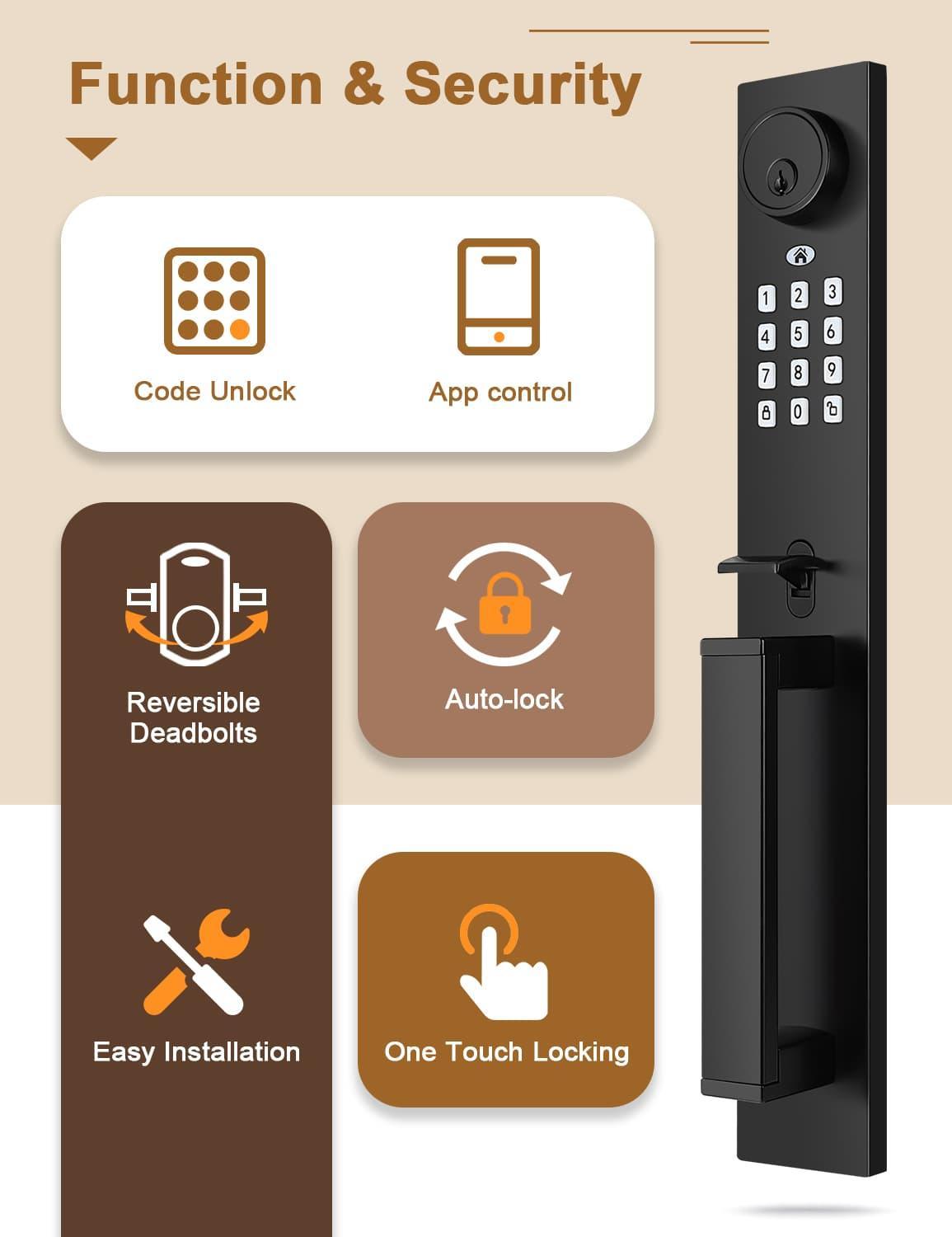 Tinewa Keyless Entry Door Lock with Lever, Full Escutcheon Smart Door Handle, Digital Keypad Deadbolt with App, Front Door Handleset with Single Cylinder Deadbolt and Lever, Auto Locking, Black Finish - Tinewa