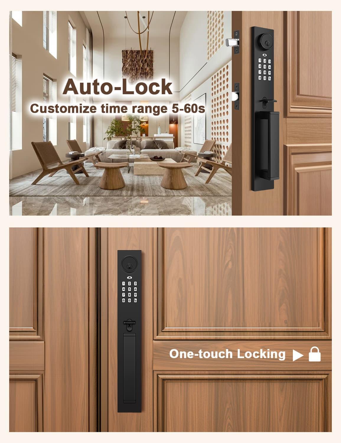 Tinewa Keyless Entry Door Lock with Lever, Full Escutcheon Smart Door Handle, Digital Keypad Deadbolt with App, Front Door Handleset with Single Cylinder Deadbolt and Lever, Auto Locking, Black Finish - Tinewa