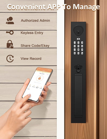 Tinewa Keyless Entry Door Lock with Lever, Full Escutcheon Smart Door Handle, Digital Keypad Deadbolt with App, Front Door Handleset with Single Cylinder Deadbolt and Lever, Auto Locking, Black Finish - Tinewa