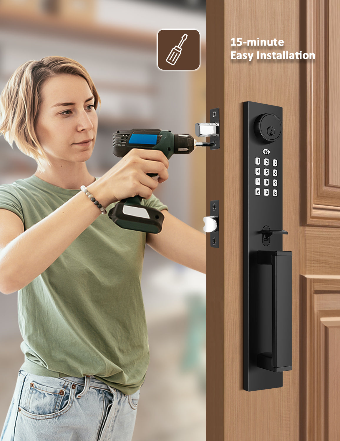 Tinewa Keyless Entry Door Lock with Lever, Full Escutcheon Smart Door  Handle, Digital Keypad Deadbolt with App, Front Door Handleset with Single 