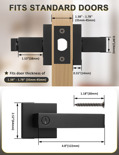 Tinewa Square Privacy Door Levers Locksets in Matte Black Finish, Bed/Bath Door Levers Keyless Interior Handles,Reversible for Left Right Handed Doors - Tinewa