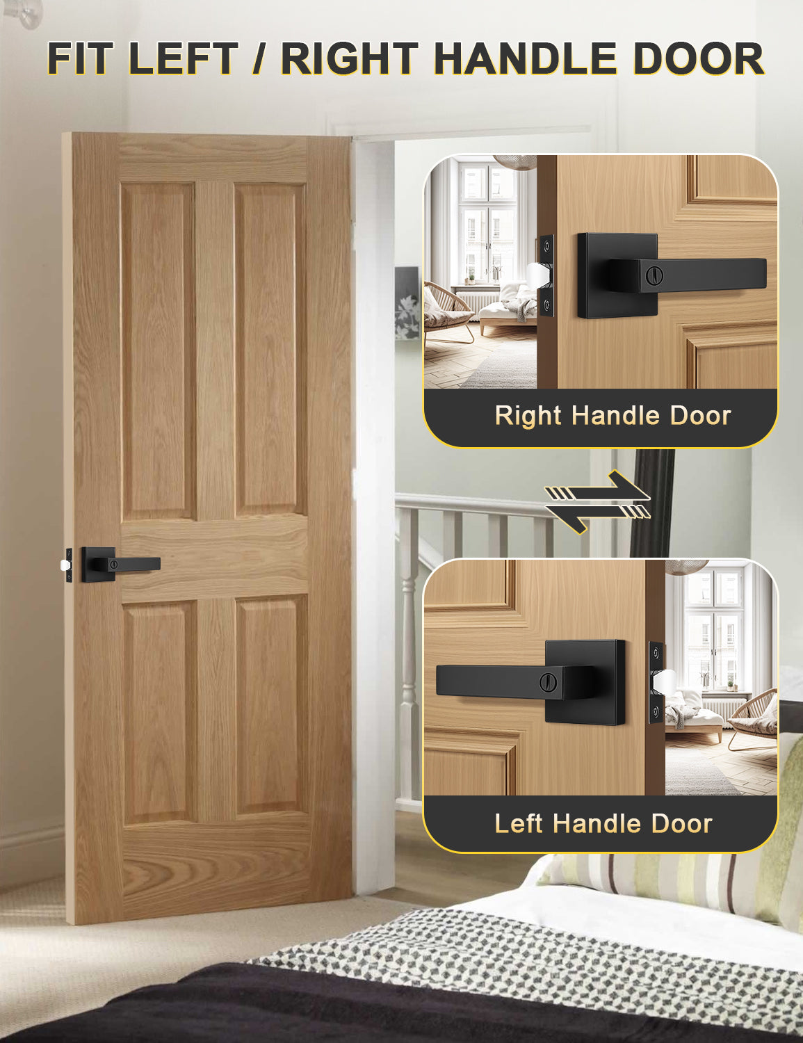 Tinewa 1 Pack Square Privacy Door Levers Locksets in Matte Black Finish, Bed/Bath Door Levers Keyless Interior Handles,Reversible for Left Right Handed Doors