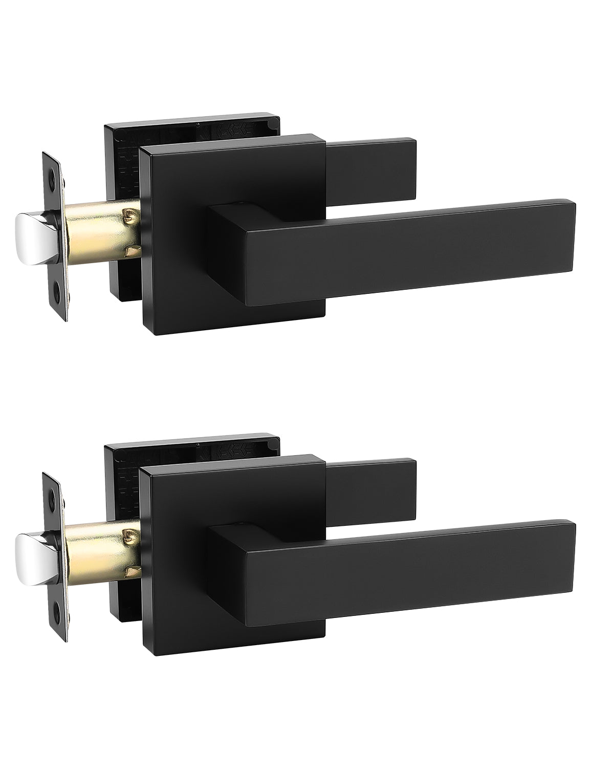 Tinewa 2 Pack Black Keyless Square Levers Handles, Interior Passage Door Locksets for Hall Closet Door Knobs Lock Reversible Right & Left Handed