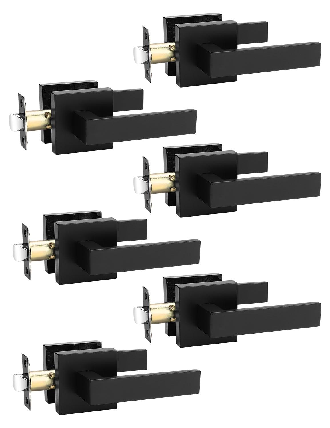 Tinewa 6 Pack Black Keyless Square Levers Handles, Interior Passage Door Locksets for Hall Closet Door Knobs Lock Reversible Right & Left Handed