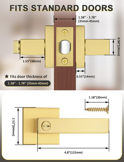 Tinewa Heavy Duty Gold Square Privacy Interior Door Levers Bedroom and Bathroom Door Handles Keyless Bed/Bath Lockset - Tinewa