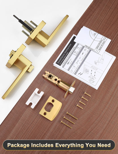 Tinewa Heavy Duty Gold Square Privacy Interior Door Levers Bedroom and Bathroom Door Handles Keyless Bed/Bath Lockset - Tinewa