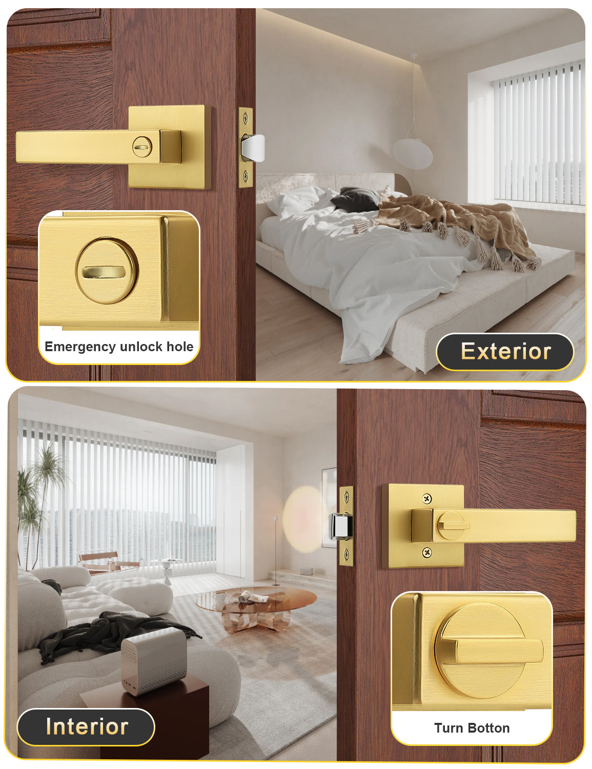 Tinewa 1 Pack Heavy Duty Gold Square Privacy Interior Door Levers Bedroom and Bathroom Door Handles Keyless Bed/Bath Lockset