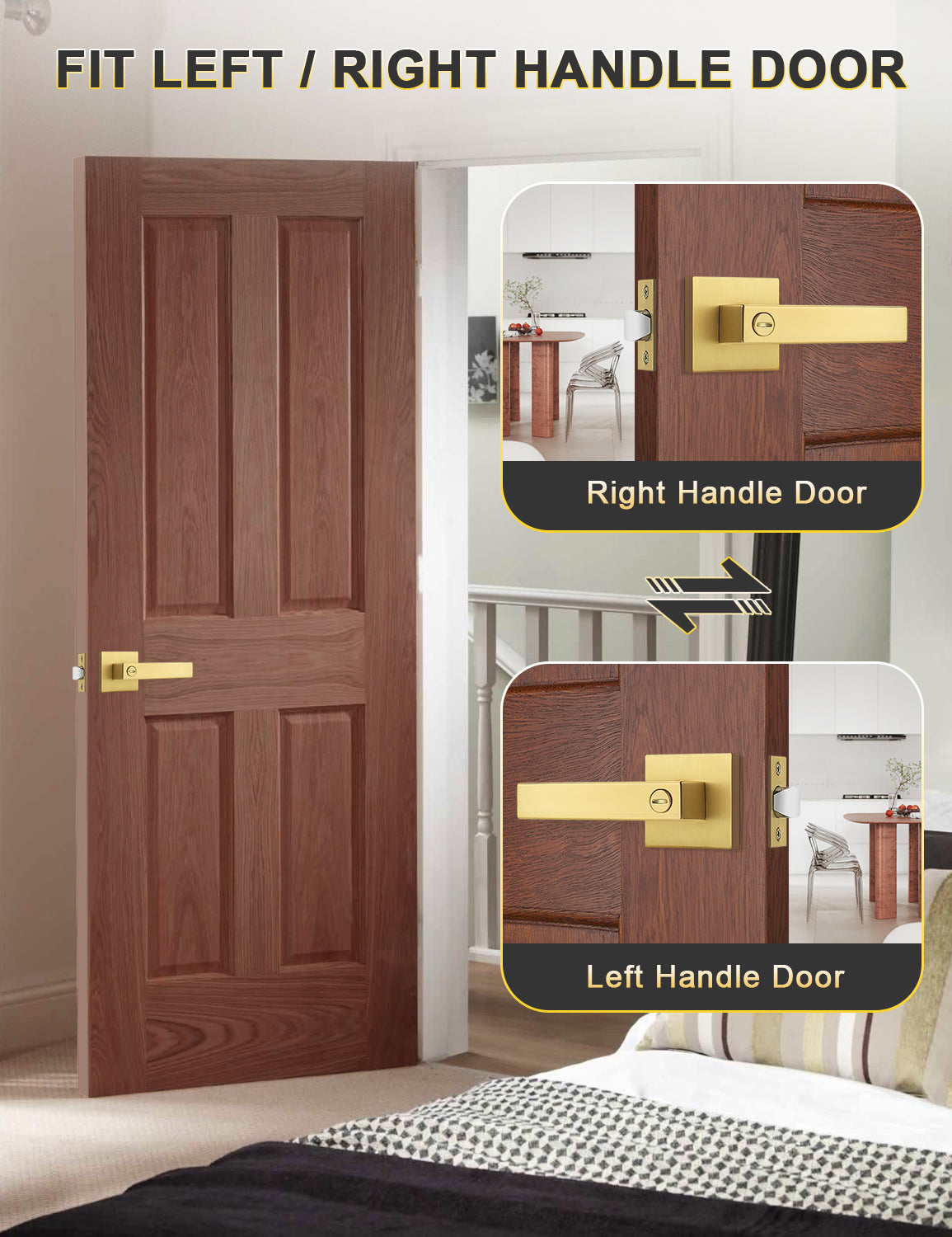 Tinewa 5 Pack Heavy Duty Gold Square Privacy Interior Door Levers Bedroom and Bathroom Door Handles Keyless Bed/Bath Lockset