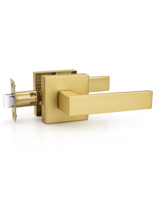 Tinewa 1 Pack Gold Keyless Square Levers Handles, Interior Passage Door Locksets for Hall Closet Door Knobs Lock Reversible Right & Left Handed