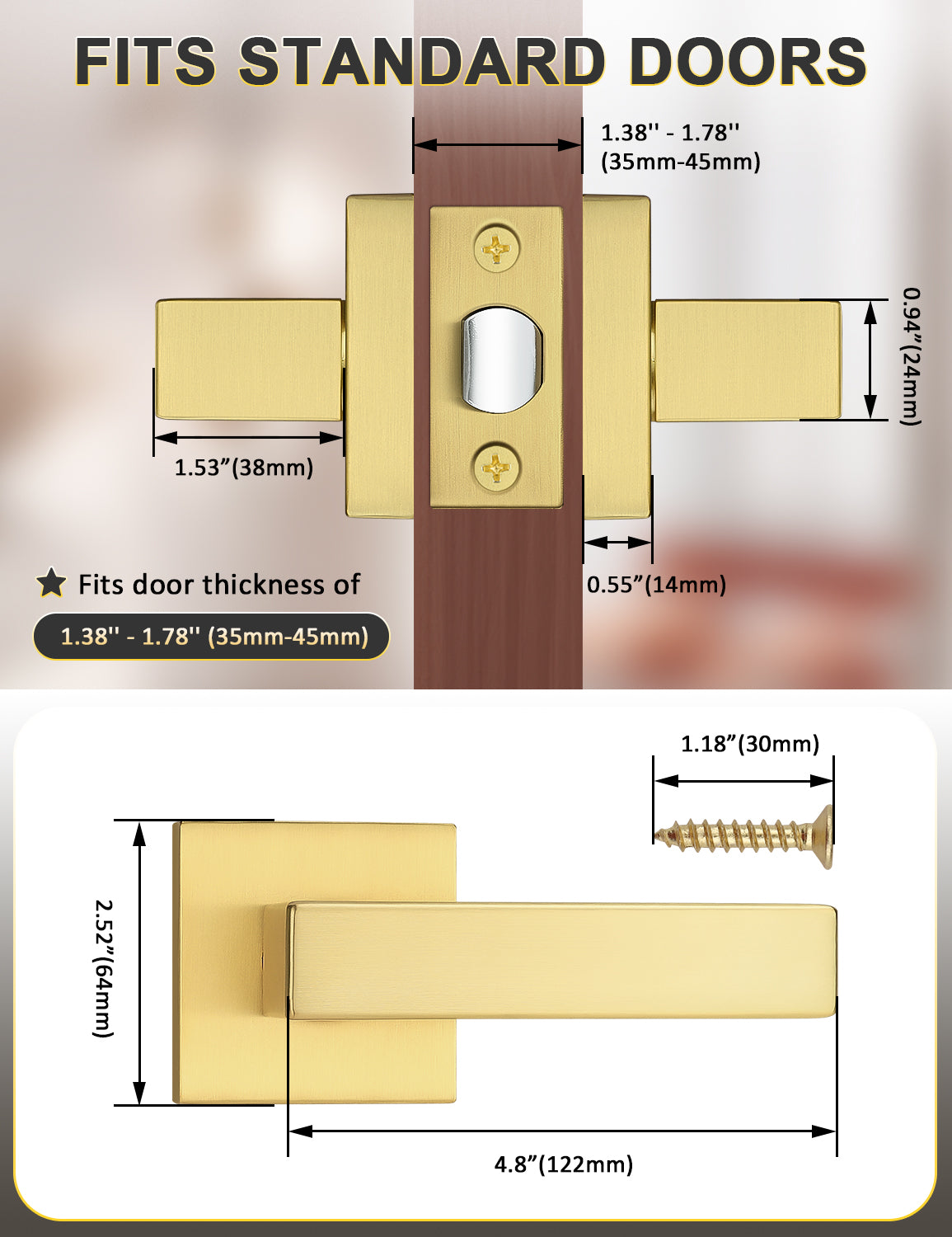 Tinewa 10 Pack Gold Keyless Square Levers Handles, Interior Passage Door Locksets for Hall Closet Door Knobs Lock Reversible Right & Left Handed