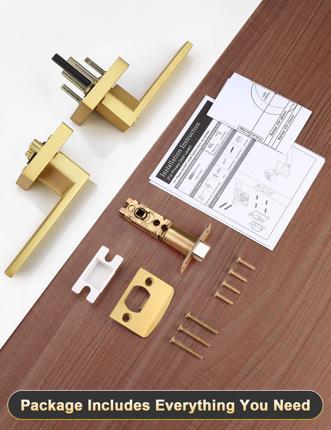 Tinewa 10 Pack Gold Keyless Square Levers Handles, Interior Passage Door Locksets for Hall Closet Door Knobs Lock Reversible Right & Left Handed