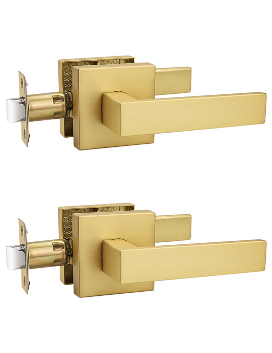 Tinewa 2 Pack Gold Keyless Square Levers Handles, Interior Passage Door Locksets for Hall Closet Door Knobs Lock Reversible Right & Left Handed